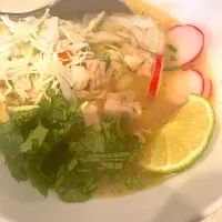 Pork posole soup - pork chunks, white hominy, delicious broth, topped with shredded cabbage, sliced red radish, cilantro, chopped onions & lime|🌺IAnneさん