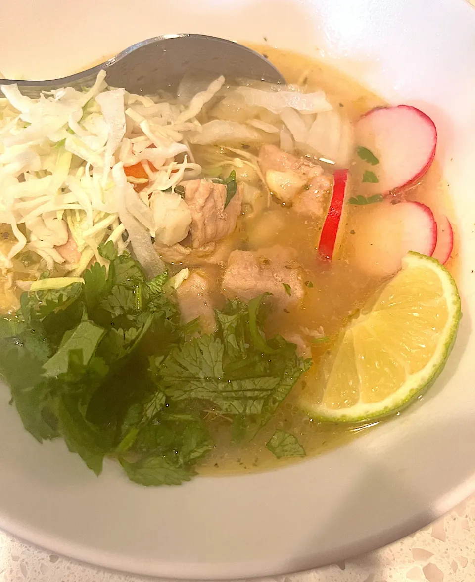 Pork posole soup - pork chunks, white hominy, delicious broth, topped with shredded cabbage, sliced red radish, cilantro, chopped onions & lime|🌺IAnneさん