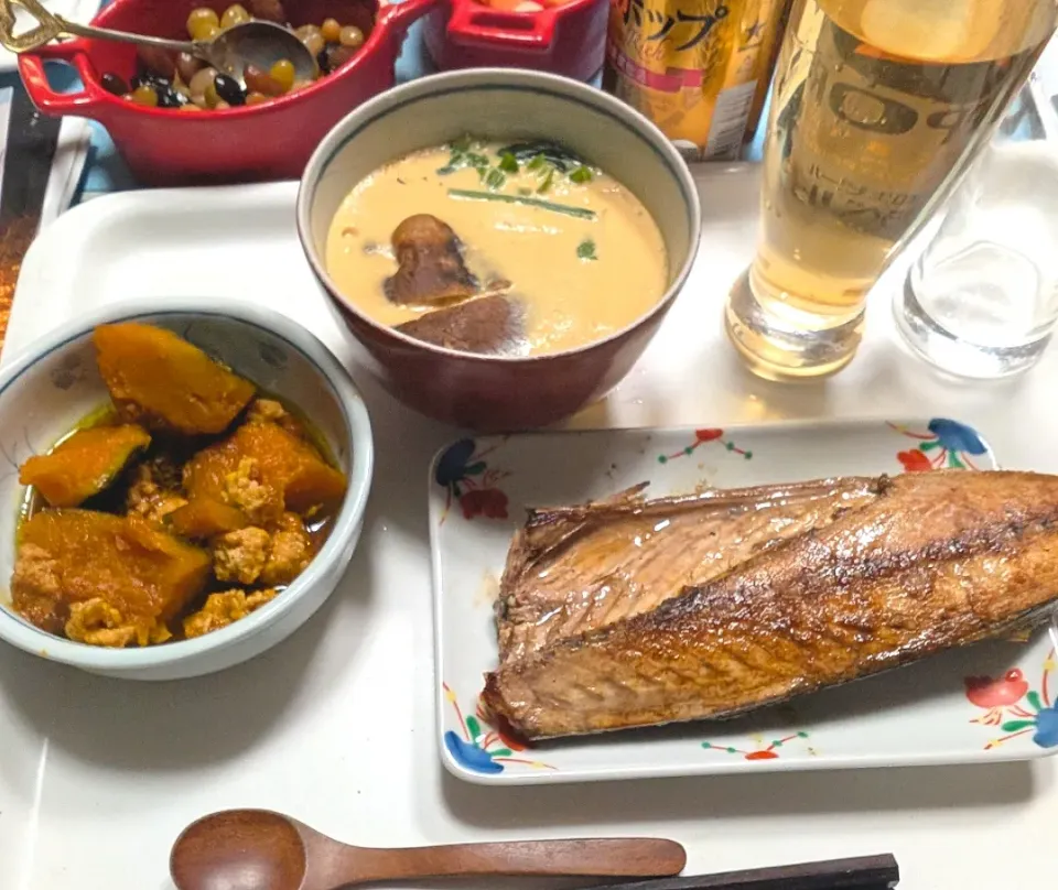 12/20（金）夕食。サバの酢醤油焼き。茶碗蒸し。カボチャとトリひきの煮物。|へいちゃんさん