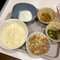 肉じゃが、野菜のだし煮、トマト味噌汁、ヨーグルト、ごはん| なつこさん