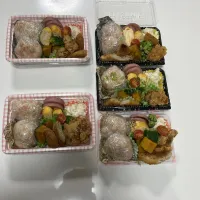 部活弁当。☆おにぎり（枝豆・鮭フレーク）☆卵焼き☆唐揚げ☆コロッケ☆ブロッコリー☆プチトマト☆ポテトサラダ☆白身魚のフライ☆ボロニアソーセージ|Saharaさん