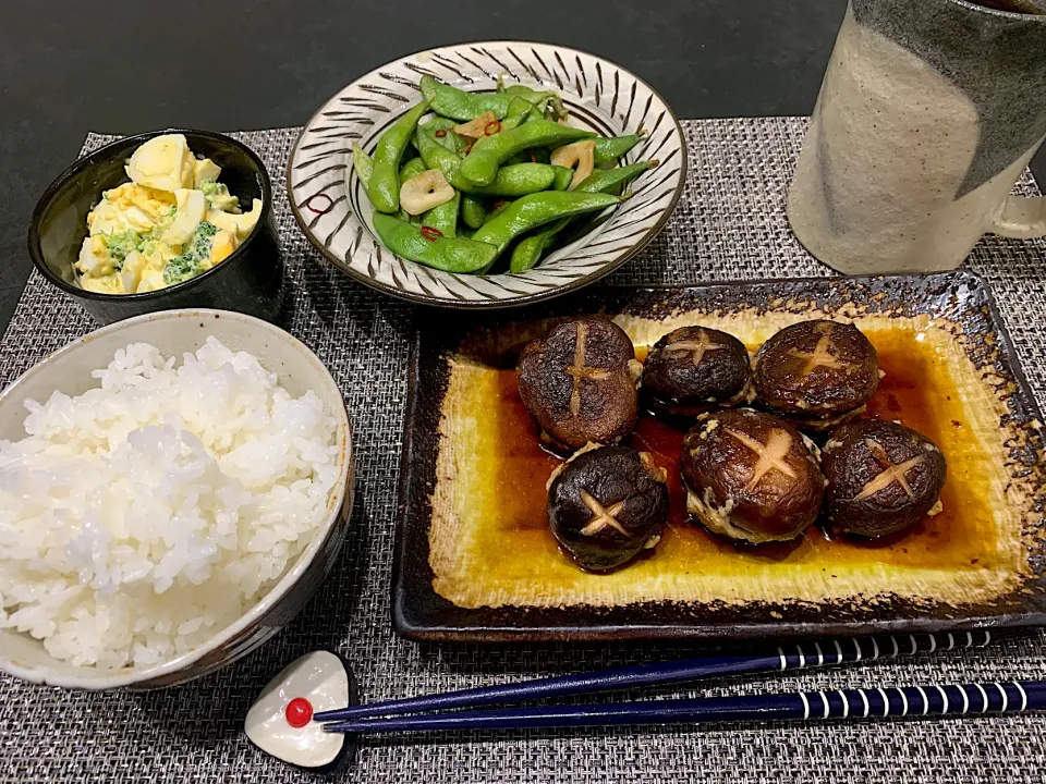 しいたけつくね、枝豆ペペロン、卵サラダ|ちあきさん