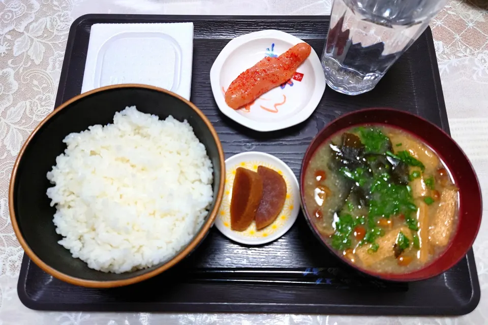 今日の朝ごはん（ごはんに辛子明太子、納豆、なめこ汁、麦みそ漬）|Mars＠釜飯作り研究中さん