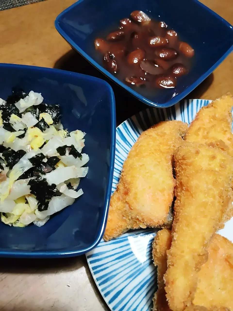 甘い煮豆、鮭のフライ、白菜と海苔のお浸し|こぼさん