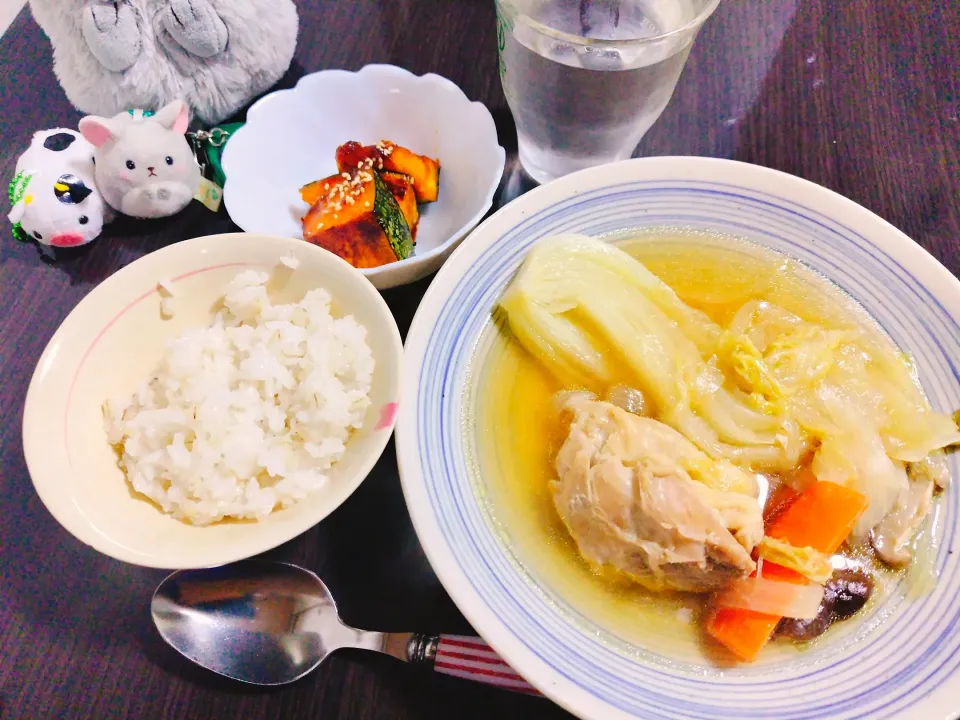 押し麦ごはん、鶏と白菜の醤油ポトフ、みたらしかぼちゃ|サトリさん