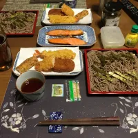 年越しそば(天ざるそば)、銀鮭塩焼、胡麻高菜漬け、烏龍茶(夕飯)|enarinさん