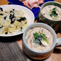 干し椎茸茶碗蒸し、白菜と海苔のお浸し、鮭の飯ずし|こぼさん