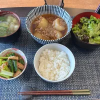 大根とひき肉のそぼろ煮・レタスのナムル・小松菜の煮浸し・小松菜と玉葱の味噌汁|a-parkさん