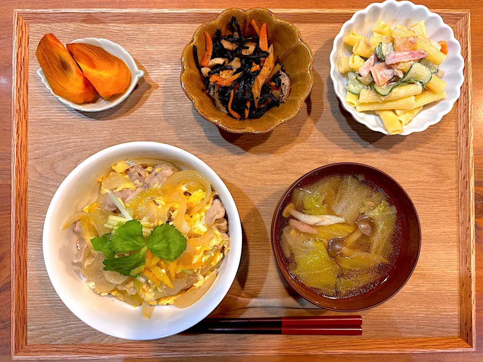 夜ご飯(他人丼、ひじき煮、マカロニサラダ、白菜ツナスープ、柿)|cocomikaさん