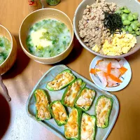 そぼろ丼♡ピーマンのツナマヨチーズグリル♡アオサのお味噌汁♡紅白なます|さくたえさん