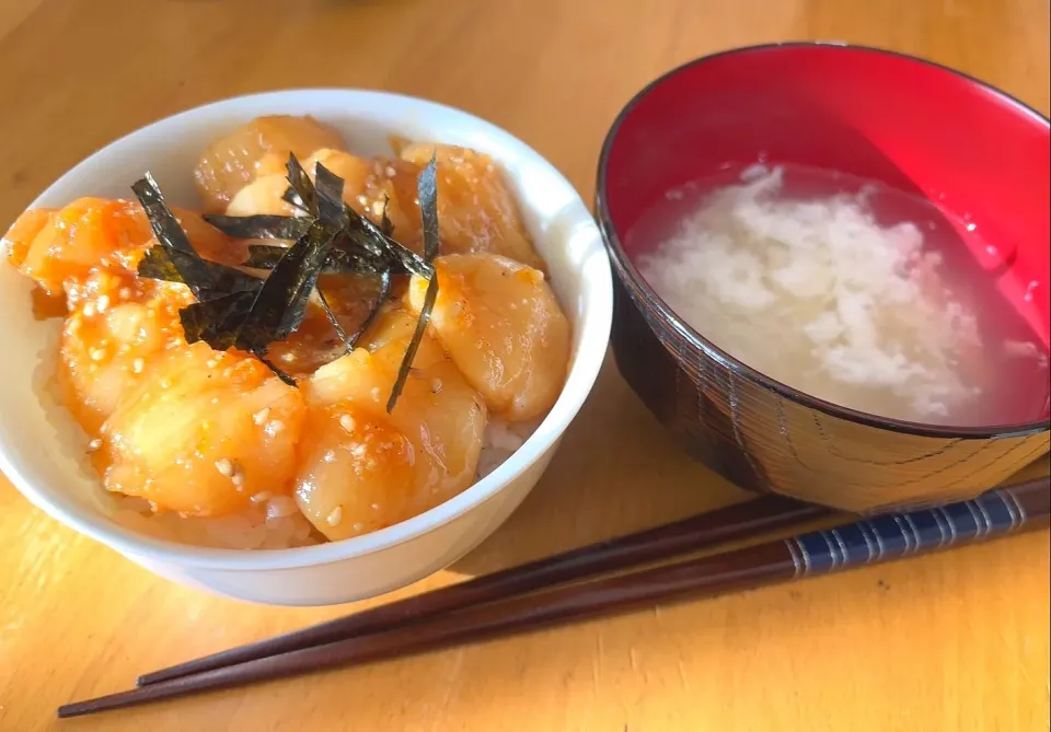 漬けホタテ丼、卵白スープ|さきさん