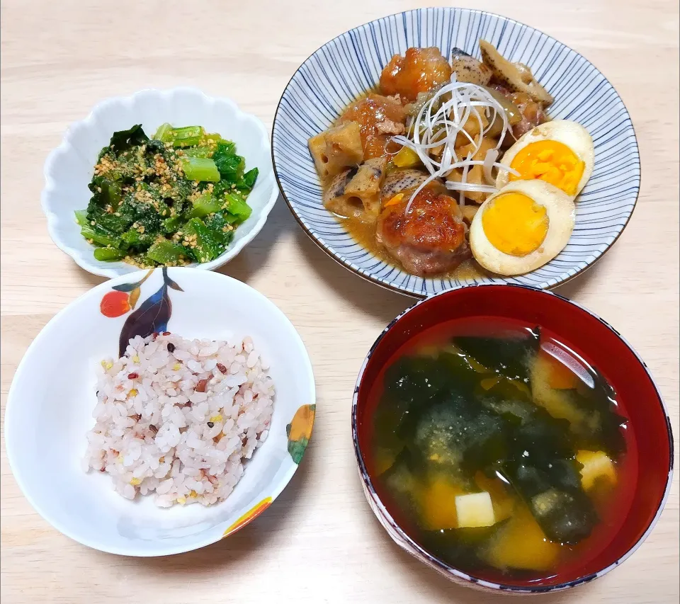 2024 1217　豚団子とれんこんの甘辛煮　小松菜のおひたし　豆腐とわかめのお味噌汁|いもこ。さん