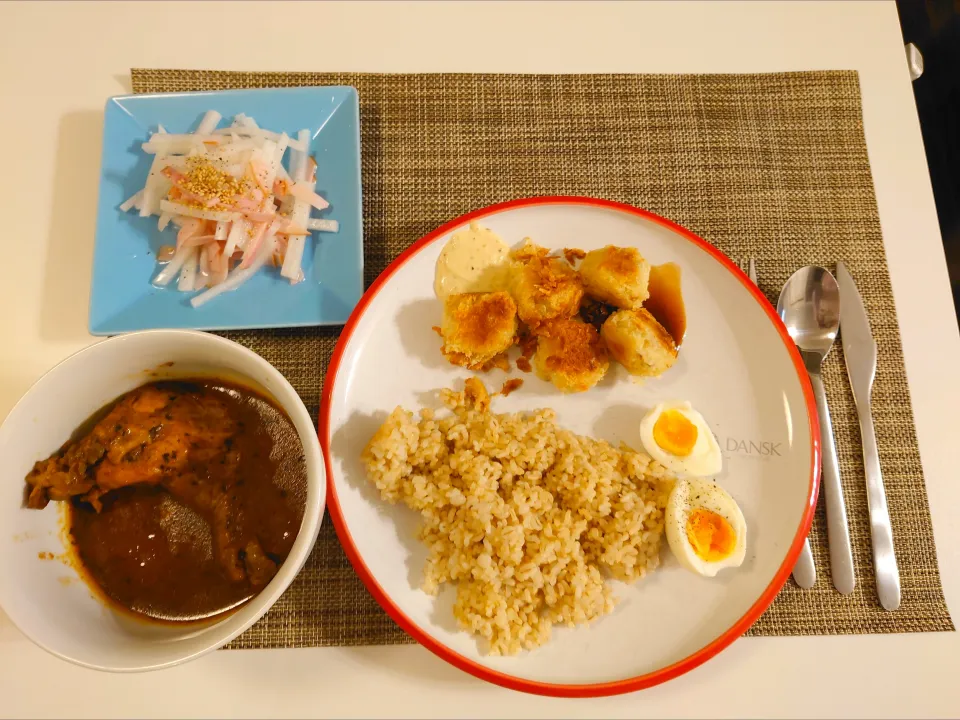 今日の夕食　レトルトのチキンスープカレー、ホタテフライ、大根サラダ|pinknari🐰🌈さん