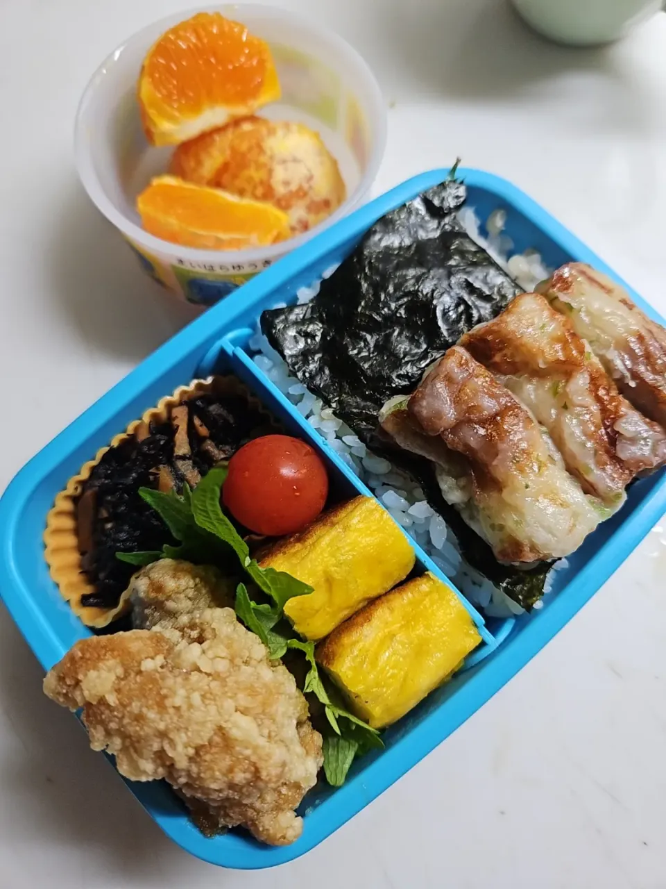 ☆小学生弁当☆海苔ごはん、竹輪磯揚げ、シラス葱卵焼き、ひじき煮物、ミニトマト、唐揚げ、マンダリン|ｼｮｺﾗさん