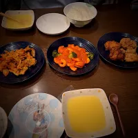 ガーリック塩&生姜醤油の鶏唐揚げ　海老チリ　豚キムチ　コーンスープ|ch＊K*∀o(^^*)♪さん