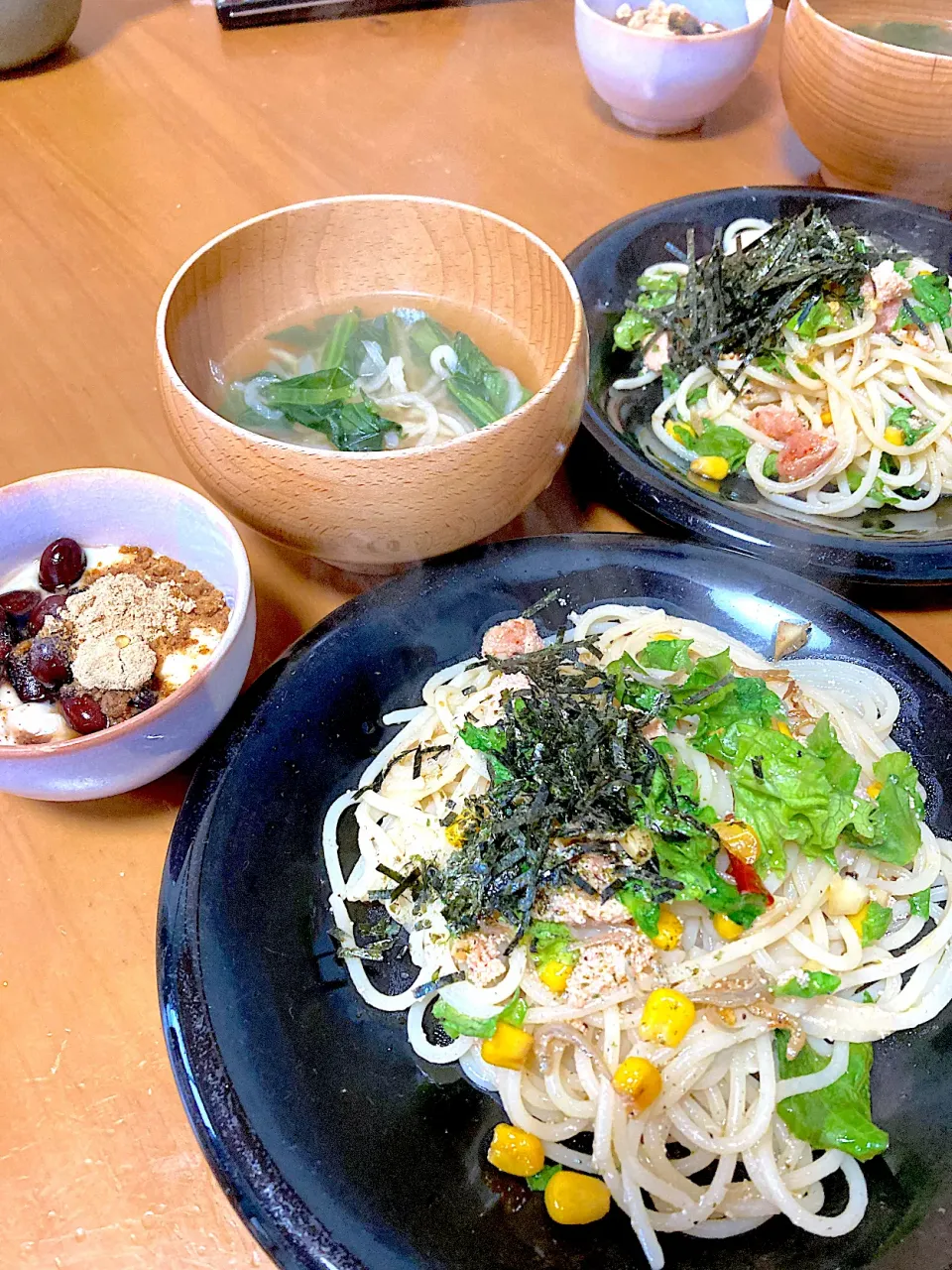 お節料理の最終アレンジ〜数の子と辛子明太子のペペロンチーノ🌶️、かつお菜と切り干し大根のスープ、生乳グルト黒豆きな粉|さくたえさん