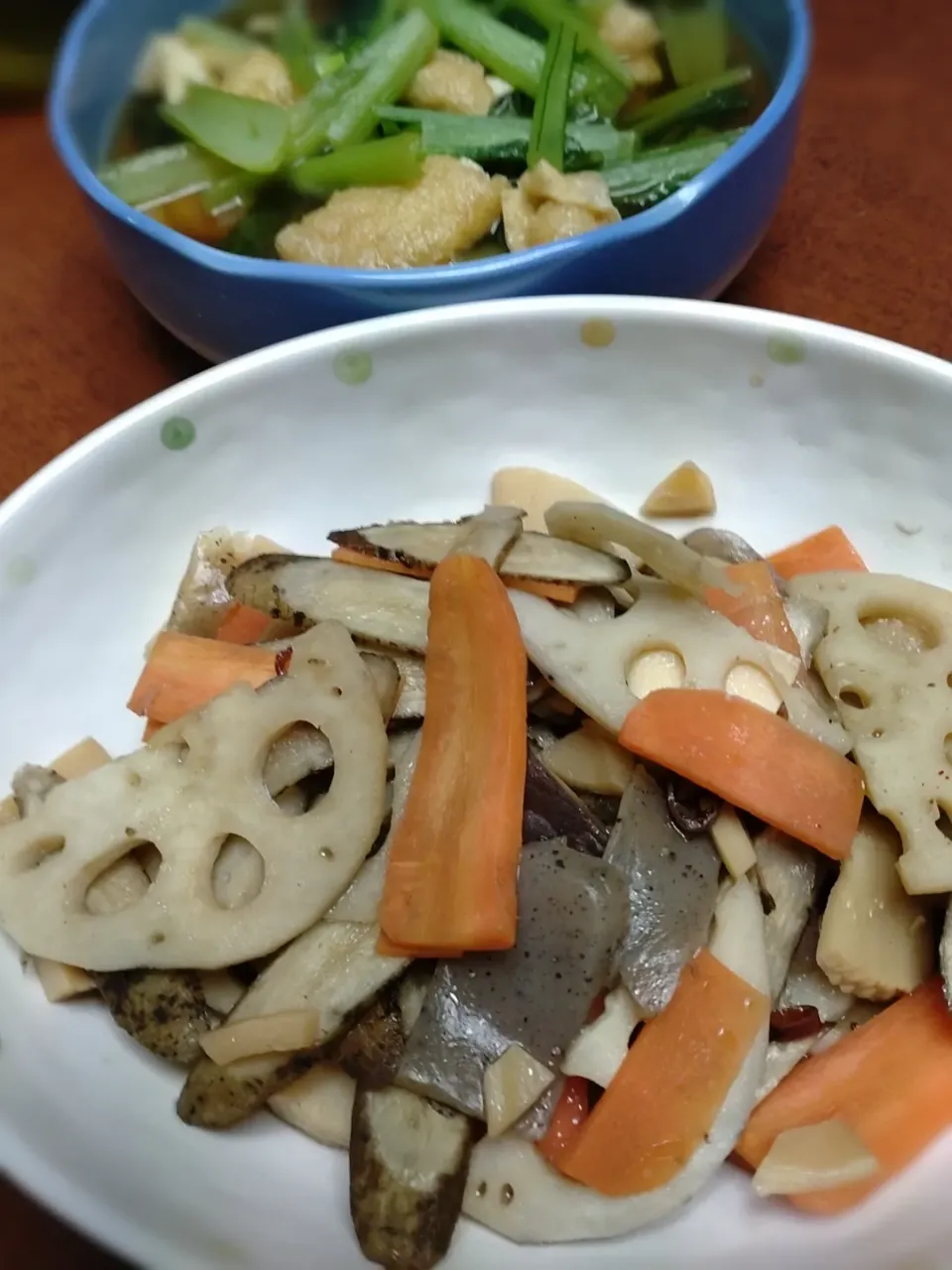 サラダ風筑前煮　小松菜と油揚げの煮物|しゅがーさん