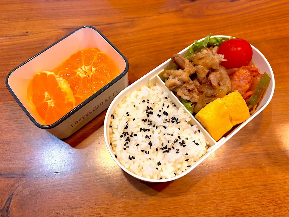 冬休みお弁当(生姜焼き、卵焼き、ナポリタン、トマト、みかん)|cocomikaさん