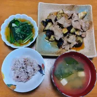 2024 0623　豚肉と茄子の炒め物　小松菜のおひたし　豆腐とわかめのお味噌汁|いもこ。さん