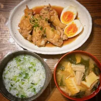 🍴七草粥🌱 🍴手羽元の和風煮込み 🍴厚揚げとえのきとわかめのお味噌汁|Mさん