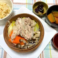 豚しゃぶ肉と野菜の蒸籠蒸し、カボチャの煮物、茄子の酢醤油和え|jackybeanさん