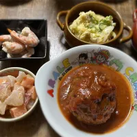 煮込みハンバーグ・ポテトサラダ・エビマヨ・カルパッチョ風刺身・ご飯|ちびろ菌さん