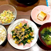 ニラ玉炒め　小松菜と卵のスープ　湯豆腐　コールスローサラダ|おさむん17さん