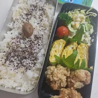 ☆高校生弁当☆もち麦入りゆかりごはん、梅、キャベツ、ブロッコリー、ミニトマト、ポテトサラダ、シラス卵焼き、唐揚げ、キリスティック|ｼｮｺﾗさん