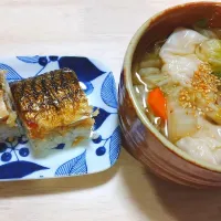 2024 0104　焼き鯖の押し寿司　えびワンタン|いもこ。さん