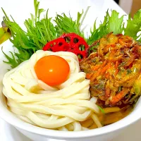 水菜たっぷりシャキシャキ天玉うどん|マニラ男さん