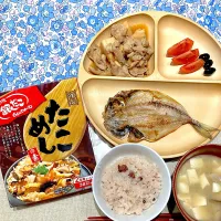 銀だこタコ飯と鯵の干物と豚バラ竹の子煮|おしゃべり献立さん