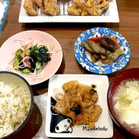 豚ロースの唐揚げ　豆腐とひき肉の中華スープ　ごぼうと椎茸の旨煮　きゅうりとカニかまわかめの酢の物| おさむん17さん