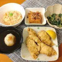 ☆とり天　☆焼き生揚げ　☆水菜辛子味噌和え　☆炊き込みご飯|chikakoさん