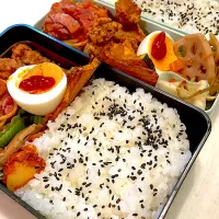 おっさん弁当　パスタ　唐揚げ　蓮根チンピラ　漬け物　🧄　🎃　板東英二|ひげおやじさん