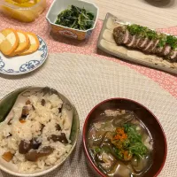 きのこの炊き込みご飯、豚汁、鴨肉のロースト、胡麻和え|amiさん