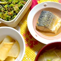 鯖の味噌煮　大根の煮物　大根葉の佃煮　素麺入り味噌汁|4jinoanataさん