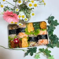 1/23❤︎主人のおにぎり弁当🍙

＊ 紅鮭おにぎり
＊ 紫蘇おかかおにぎり
＊ 桜海老たまご焼き
＊甘辛ささみカツ
＊えびとひじきのふんわり揚げ
＊ ほうれん草の胡麻和え|Makinsさん