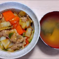 2025 0109　白菜と豚バラのあんかけ丼　豆腐とわかめのお味噌汁|いもこ。さん