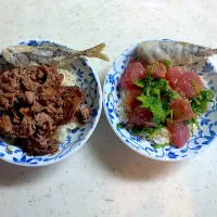 鮪のポキと牛焼肉丼　揚げ豆鯵|こっぷさん