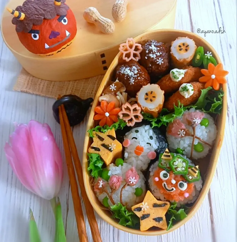 👹ミニ鬼ぎりさんと
お多福さんの節分弁当|ayano.adshさん