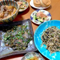 平野レミさんのりのりパスタ♡ニラチヂミ♡大根の煮物♡ズッキーニのおかかサラダ♡頂き物の回転焼き|さくたえさん