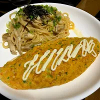 納豆キムチオムレツと和風きのこスパゲッティ|たまさん