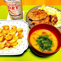 豚の味噌七味焼き
イカとホタテのバター醤油
お味噌汁はなめことあおさ
🍻|naoさん