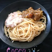 チキンカレーと白菜と舞茸のクリーム煮の相乗りパスタ✨