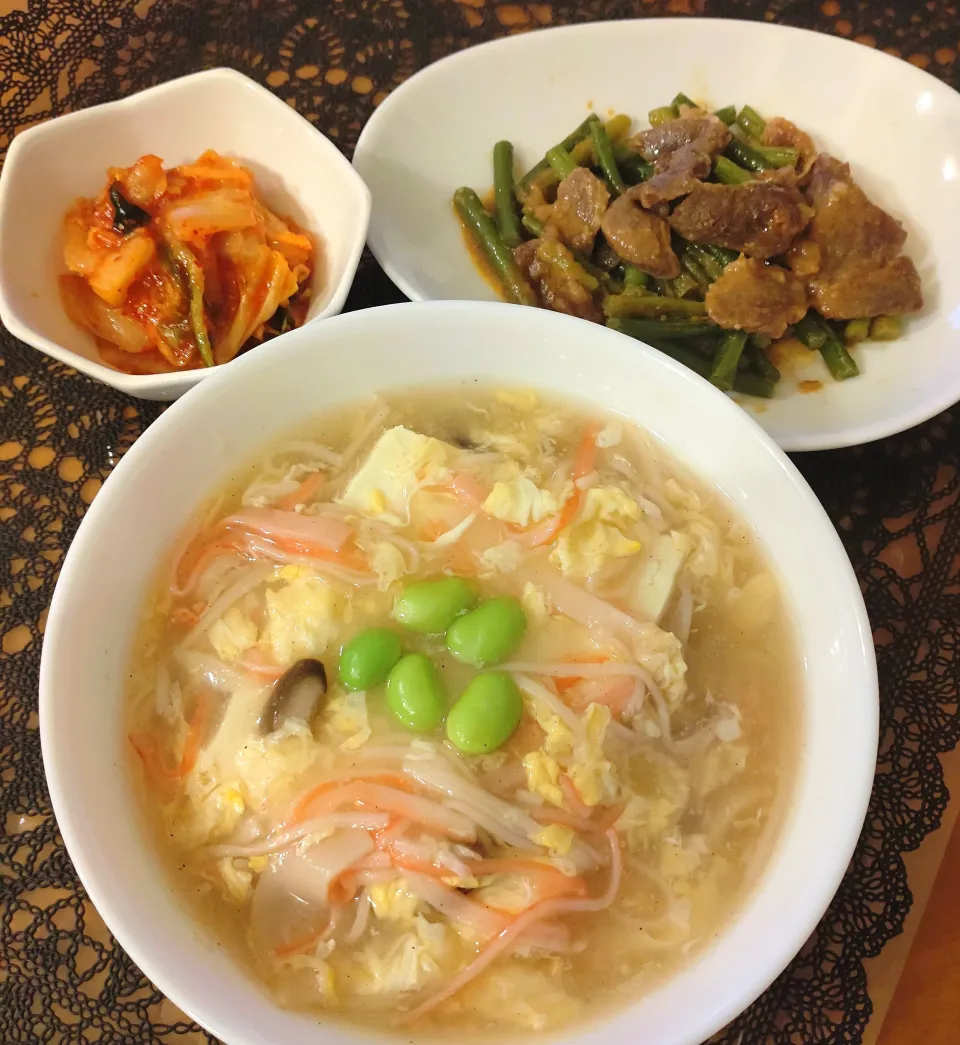 ☆あんかけ豆腐　☆豚バラとニンニク芽の味噌炒め　☆キムチ|chikakoさん