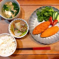 夜ご飯(白身魚のフライ、カブのそぼろあんかけ、レタス卵スープ)| cocomikaさん