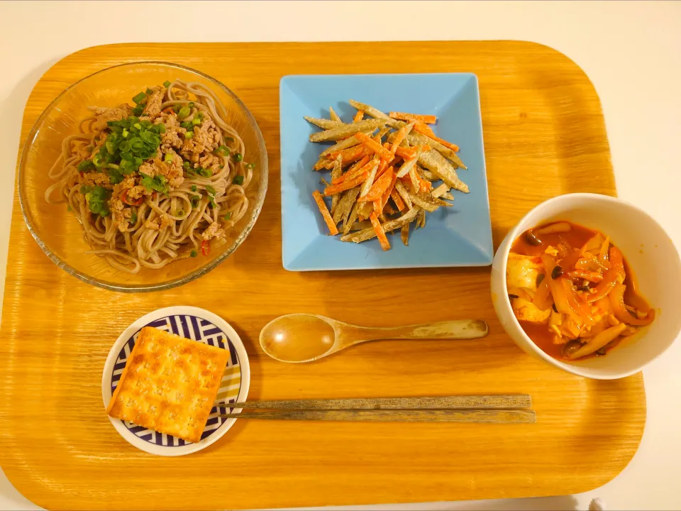 今日の夕食　担々蕎麦、ごぼうサラダ、豆腐チョリム|pinknari🐰🌈さん
