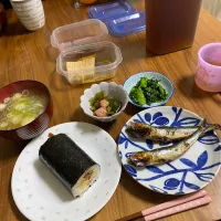 夜　恵方巻き､鰯若干し､菜の花からし和え|みちくんさん