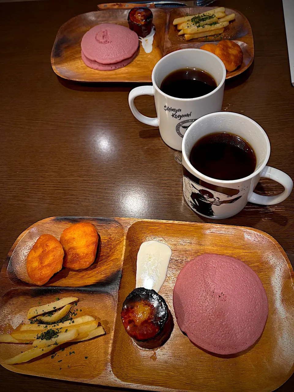 チキンナゲット　フレンチフライ　蒸しさつまいものキャラメリゼ　生クリーム　紫芋のパンケーキ　さつまいも餡　コーヒー|ch＊K*∀o(^^*)♪さん