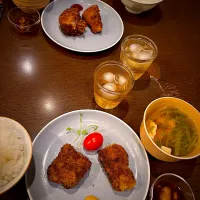 ポークヒレカツ　柚子ポン酢醤油　芥子　豆腐と豆苗のスープ　冷茶|ch＊K*∀o(^^*)♪さん